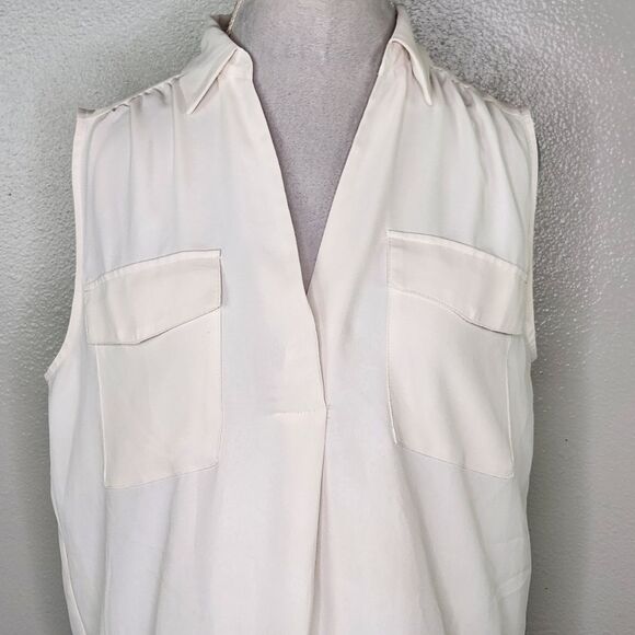 Ann Taylor White Collared V NECK Sleeveless Tunic Blouse Size Large - Picture 2 of 9
